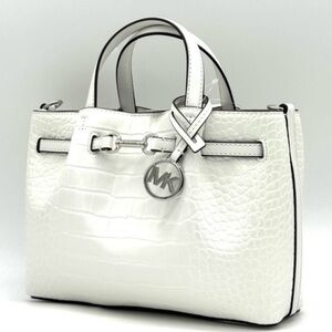 Michael Kors Carson Small Crocodile Embossed Satchel Bag Optic White